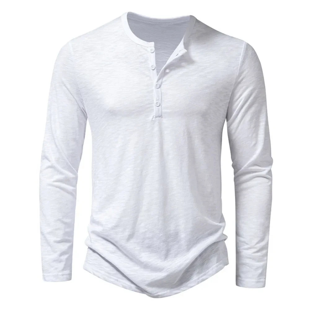 Camiseta masculina de algodão com botões, manga comprida, gola Henley, casual, cor sólida, respirável, versátil, fashion, slim