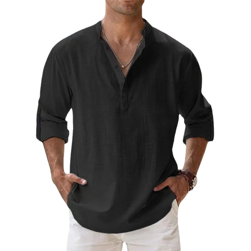 Novas camisas Henley masculina de algodão e linho, camisas casuais, leves, manga comprida