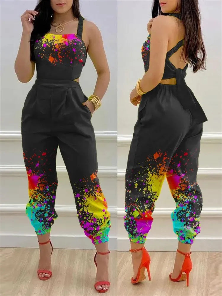 Novo macacão sem mangas estampado da moda de verão, vazado, sem costas, com cadarço, longo, elegante, casual, com bolso