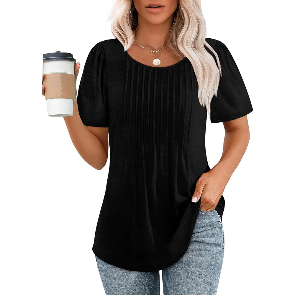 Camisetas femininas de manga curta, plissadas, elegantes, casuais, com decote redondo