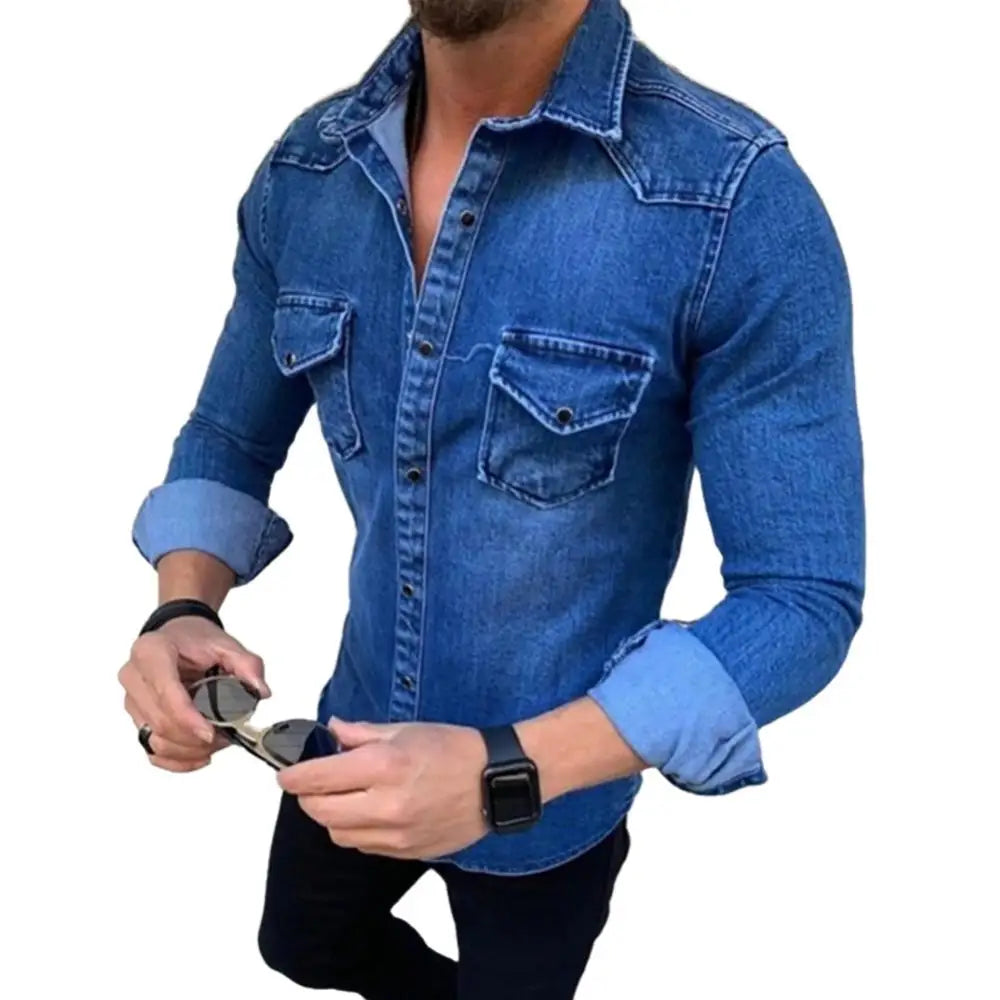Camisas jeans masculinas de manga comprida, camisas casuais de abotoamento simples