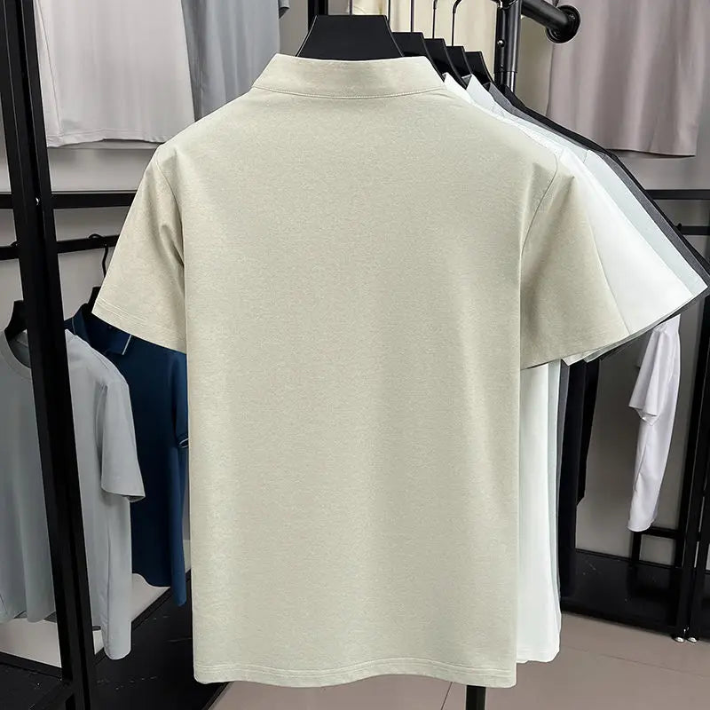 Camiseta masculina de manga curta com meio zíper, casual, de malha, respirável, cor sólida, leve, solta, confortável