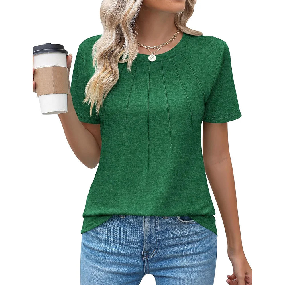 Blusas femininas casuais com gola redonda e manga curta plissadas