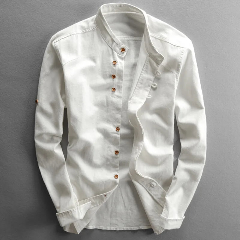 Camisa masculina de linho e algodão, gola alta, manga comprida, cor sólida, casual, respirável, clássica