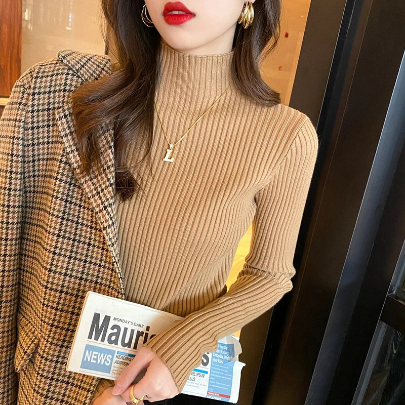 Suéter de malha feminino de inverno com manga comprida e gola falsa, pulôver, suéter de malha fina, blusas femininas da moda 2025