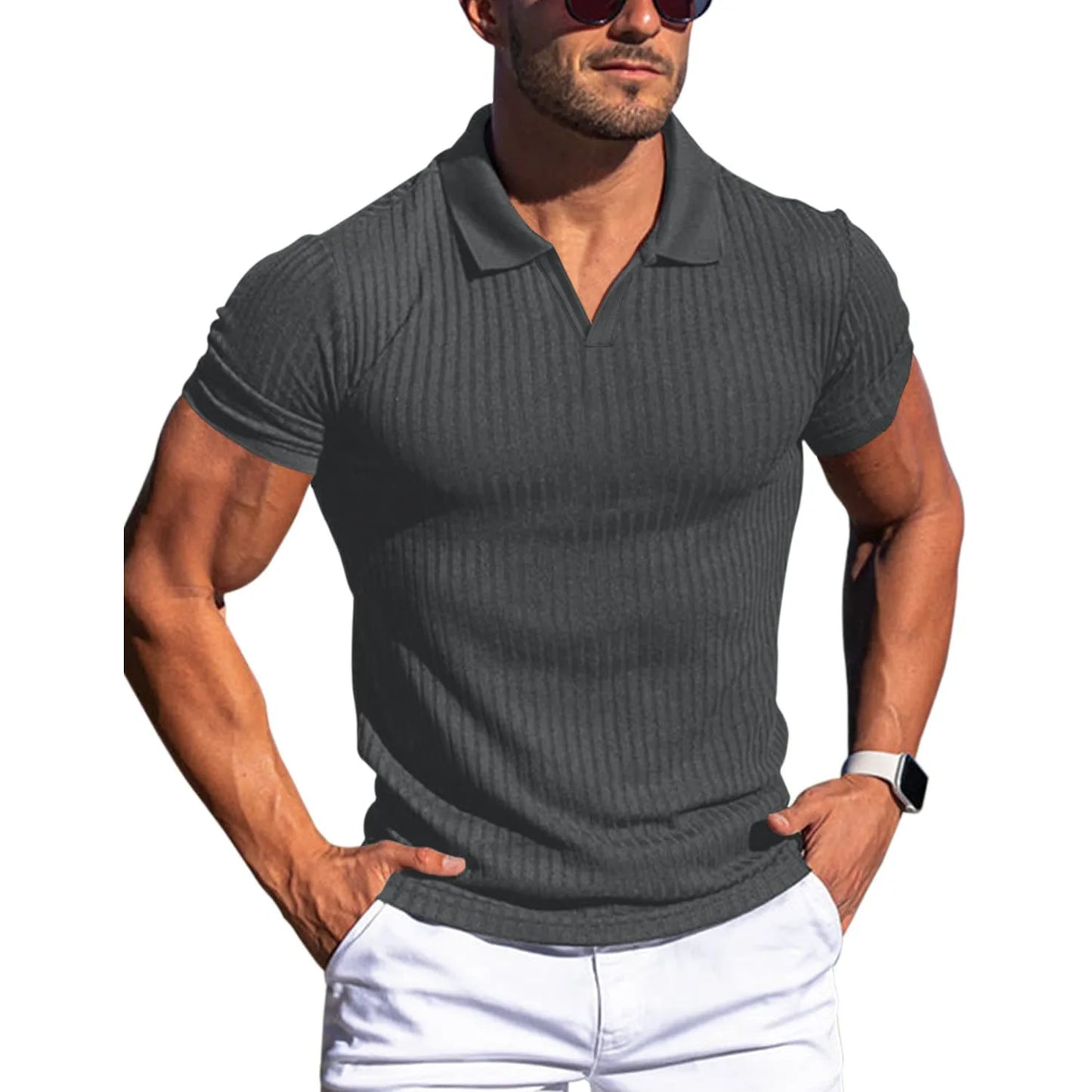 Camisetas masculinas de manga curta com gola polo, camisetas de malha, cores sólidas