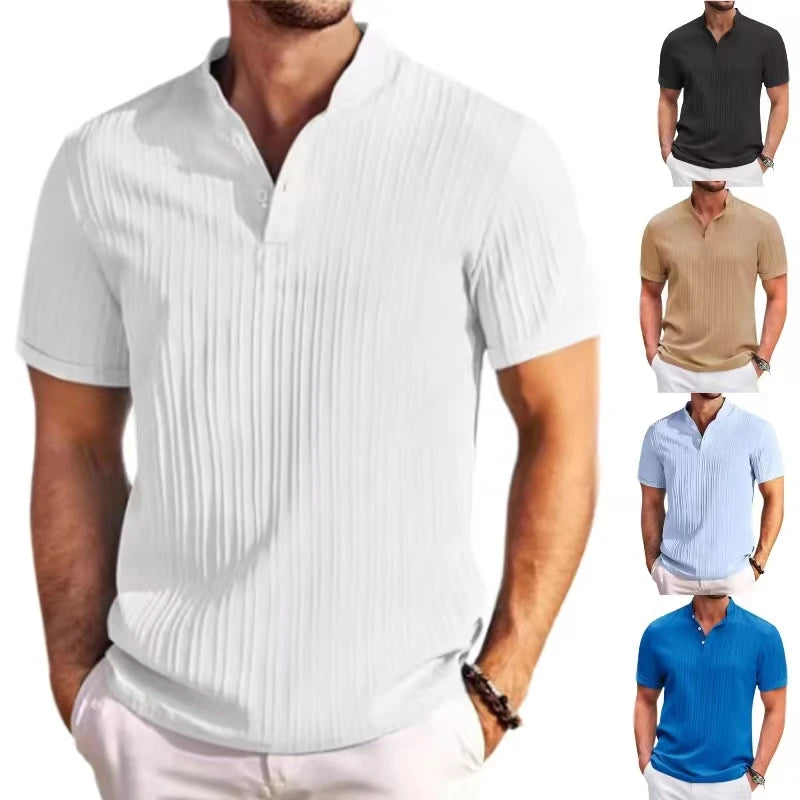 Camisa listrada de algodão e linho jacquard masculina, lapela, casual, confortável, manga curta