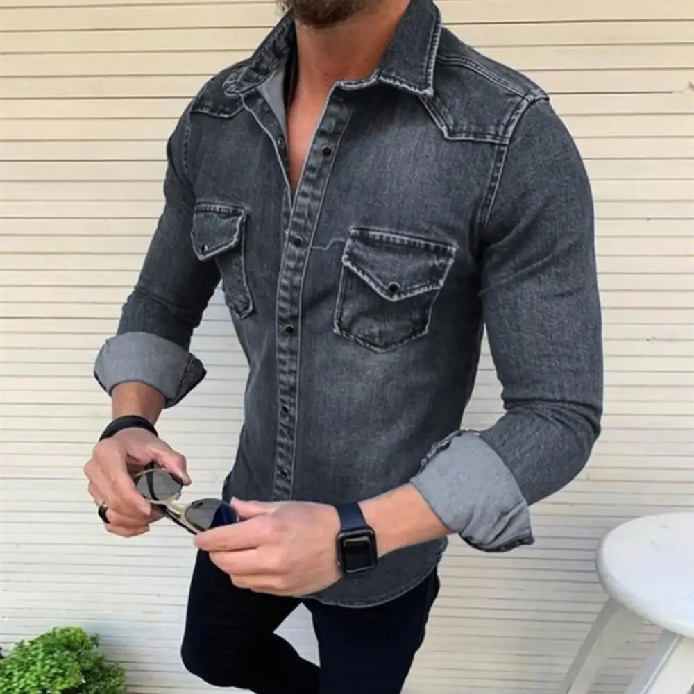 Camisas jeans masculinas de manga comprida, camisas casuais de abotoamento simples