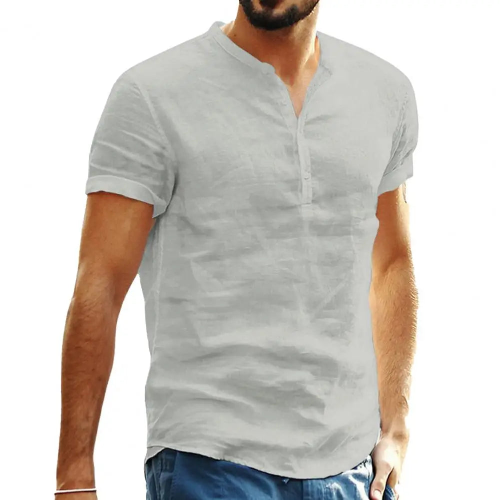 Camiseta masculina de manga curta, nova, de cor sólida, de algodão e linho, respirável