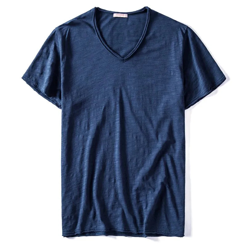 Nova camiseta masculina de verão 2025, gola V, 100% algodão penteado, manga curta