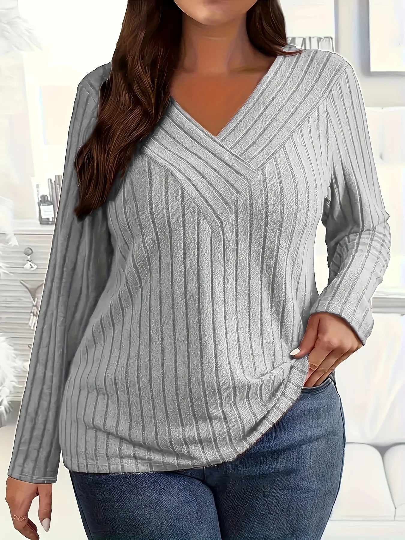 Camiseta feminina casual elegante plus size, manga comprida
