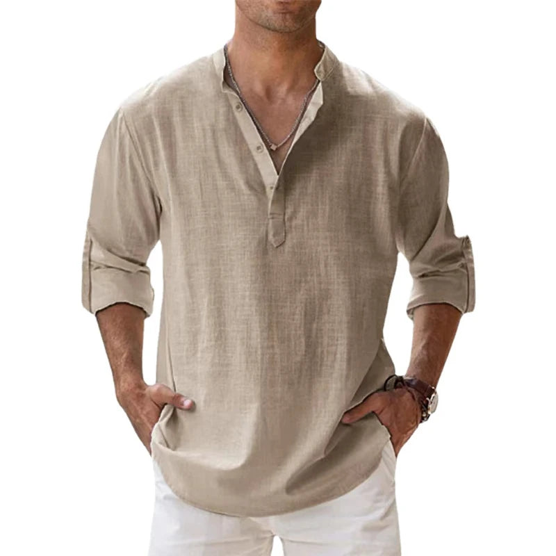 Novas camisas Henley masculina de algodão e linho, camisas casuais, leves, manga comprida