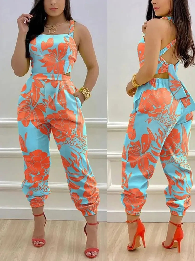 Novo macacão sem mangas estampado da moda de verão, vazado, sem costas, com cadarço, longo, elegante, casual, com bolso