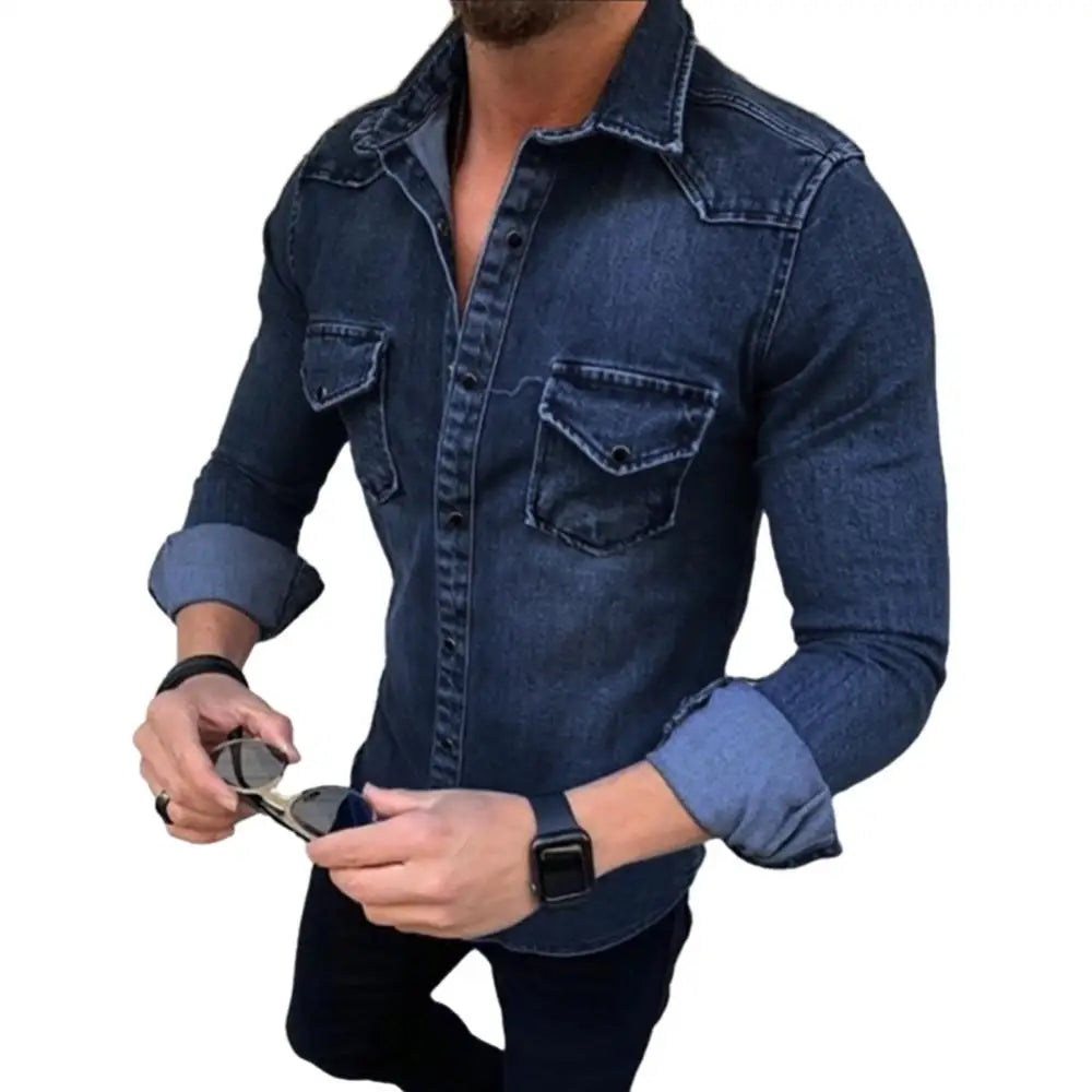 Camisas jeans masculinas de manga comprida, camisas casuais de abotoamento simples