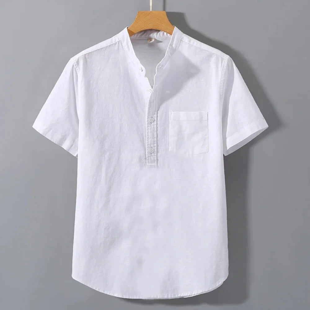 Camiseta masculina de verão, manga curta, cor sólida, com design de bolso, botões, uso diário, estilo simples e confortável