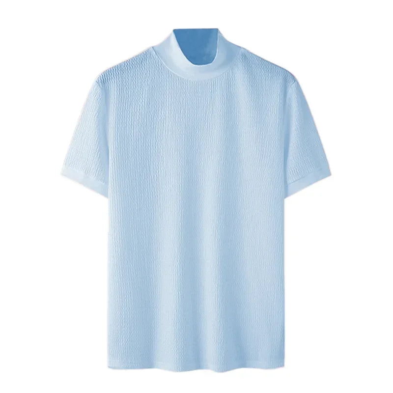 Camiseta masculina de malha, casual texturizada, meia gola alta, lisa, manga curta