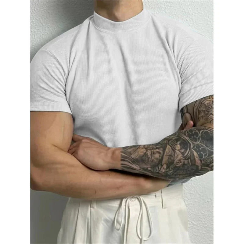 Camiseta masculina elástica confortável primavera verão, listrada de gola alta, manga curta