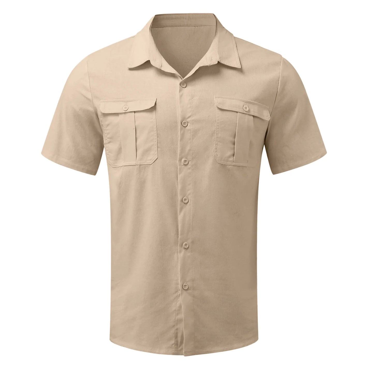 Camisas masculinas de manga curta, de algodão e linho, cor sólida, gola alta, casual