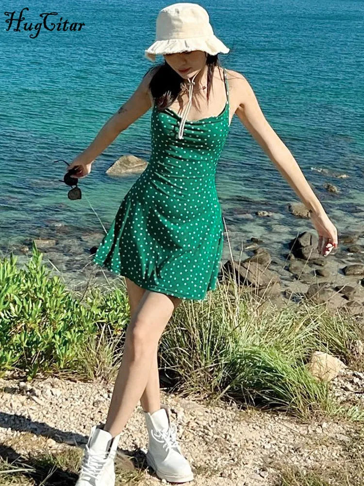 Vestido curto com estampa de bolinhas, costas nuas, elegante, justo, casual, verde