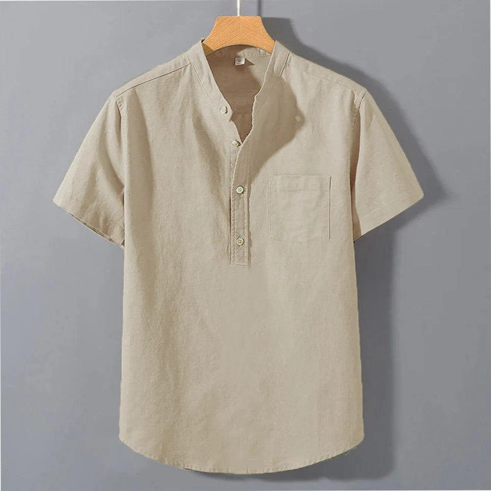 Camiseta masculina de verão, manga curta, cor sólida, com design de bolso, botões, uso diário, estilo simples e confortável