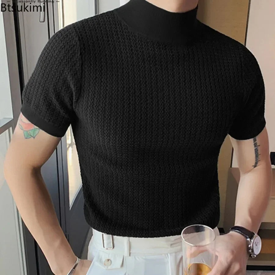 Camiseta masculina de malha, casual texturizada, meia gola alta, lisa, manga curta