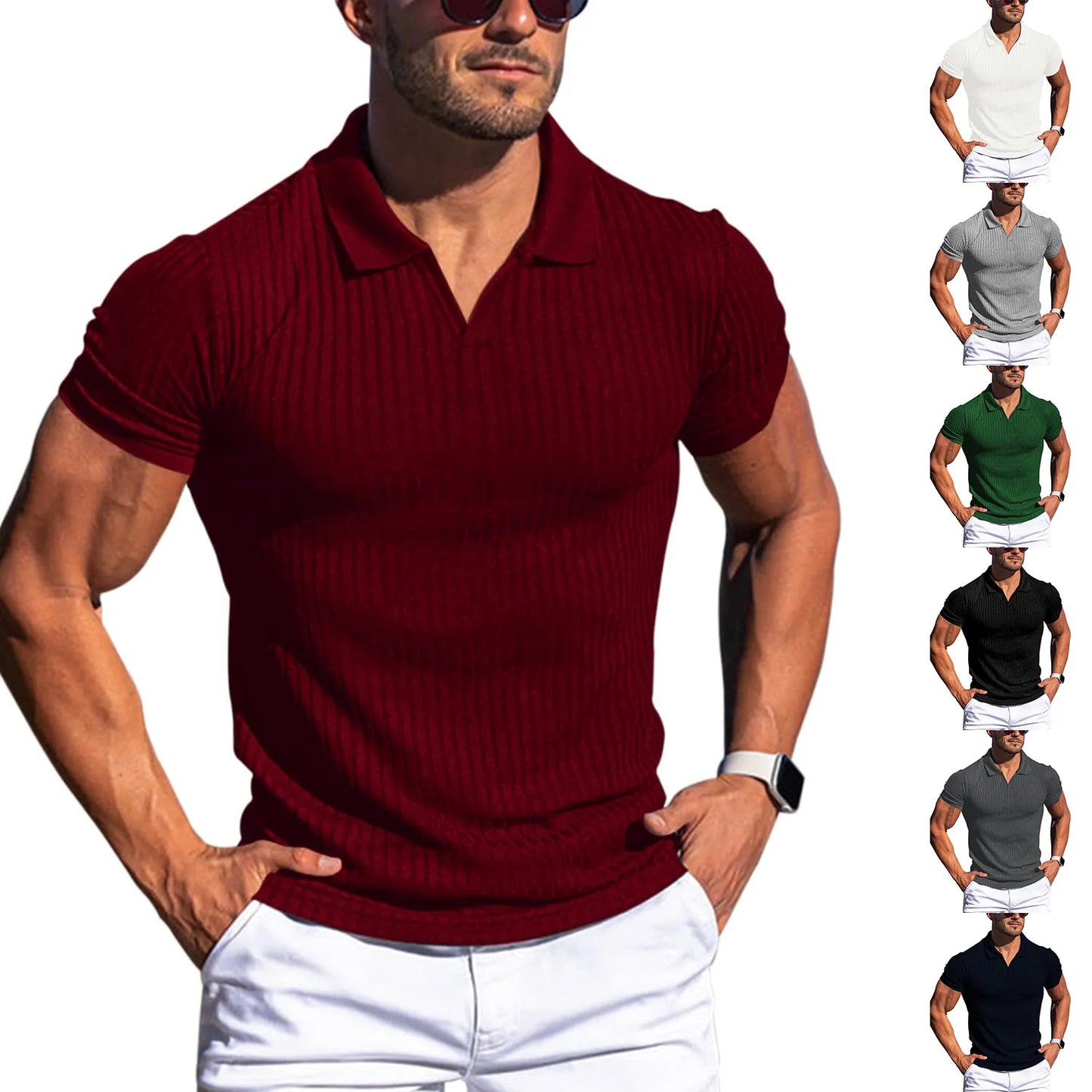 Camisetas masculinas de manga curta com gola polo, camisetas de malha, cores sólidas