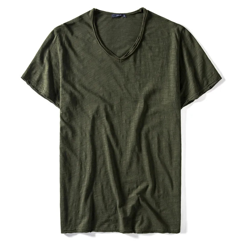 Nova camiseta masculina de verão 2025, gola V, 100% algodão penteado, manga curta