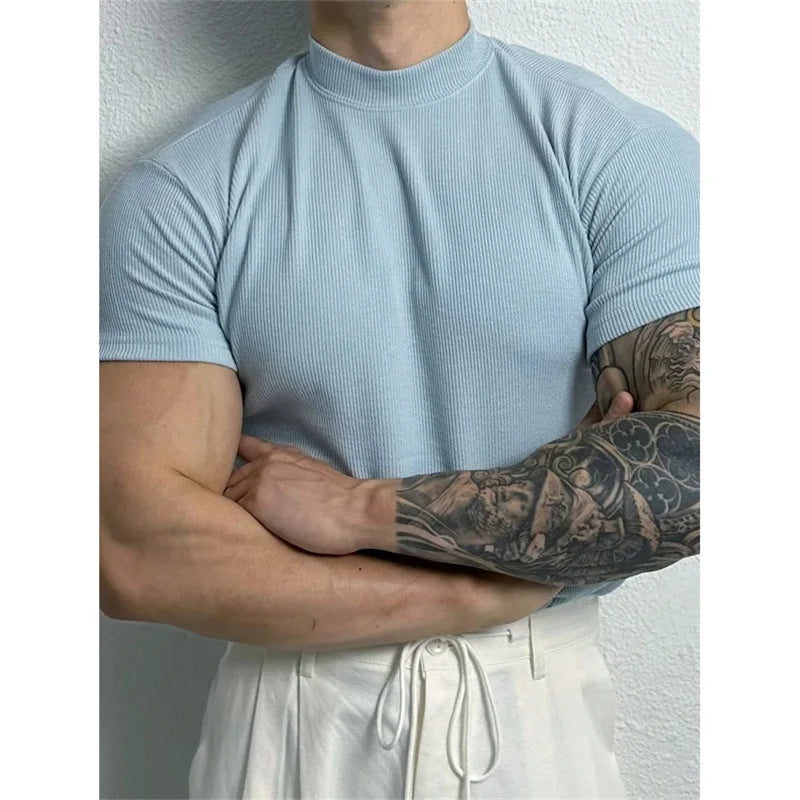 Camiseta masculina elástica confortável primavera verão, listrada de gola alta, manga curta