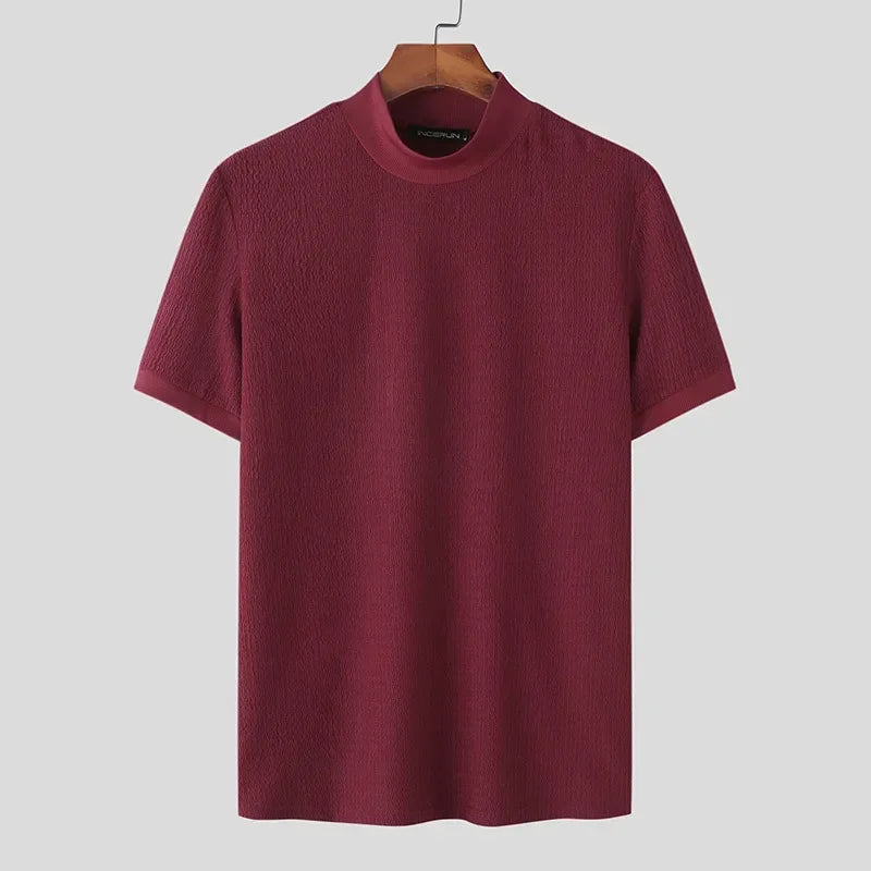 Camiseta masculina de malha, casual texturizada, meia gola alta, lisa, manga curta