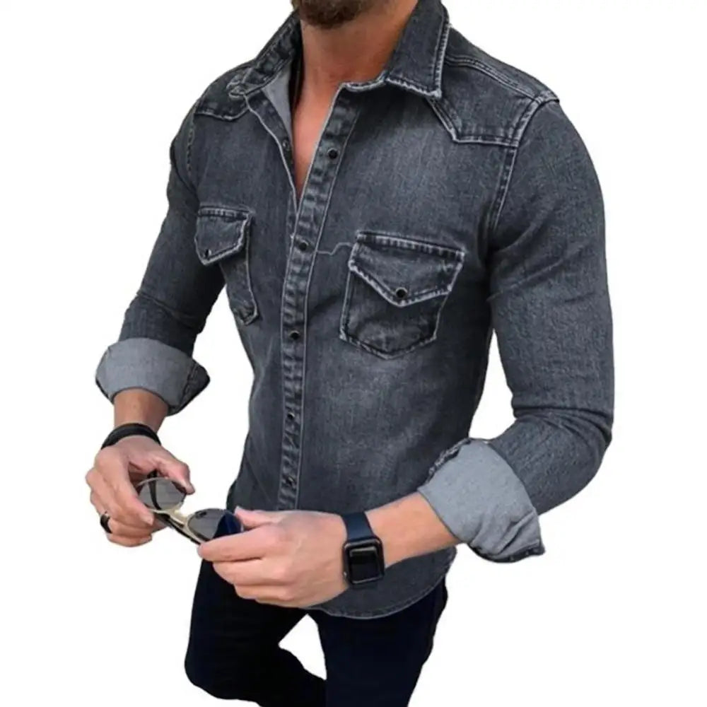 Camisas jeans masculinas de manga comprida, camisas casuais de abotoamento simples
