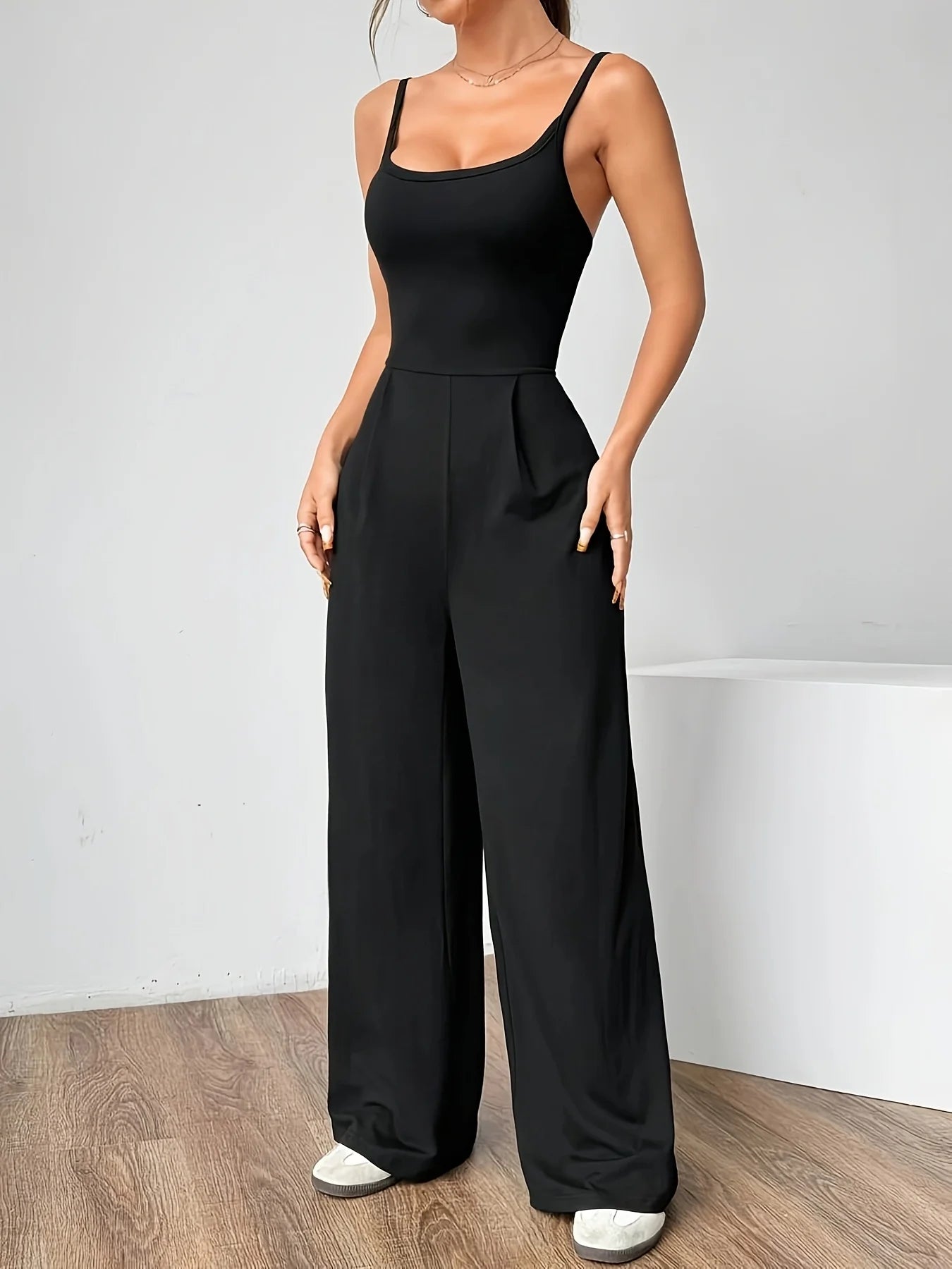 Moda casual feminina primavera e verão cor sólida sem mangas solto macacão escolha perfeita para momentos casuais