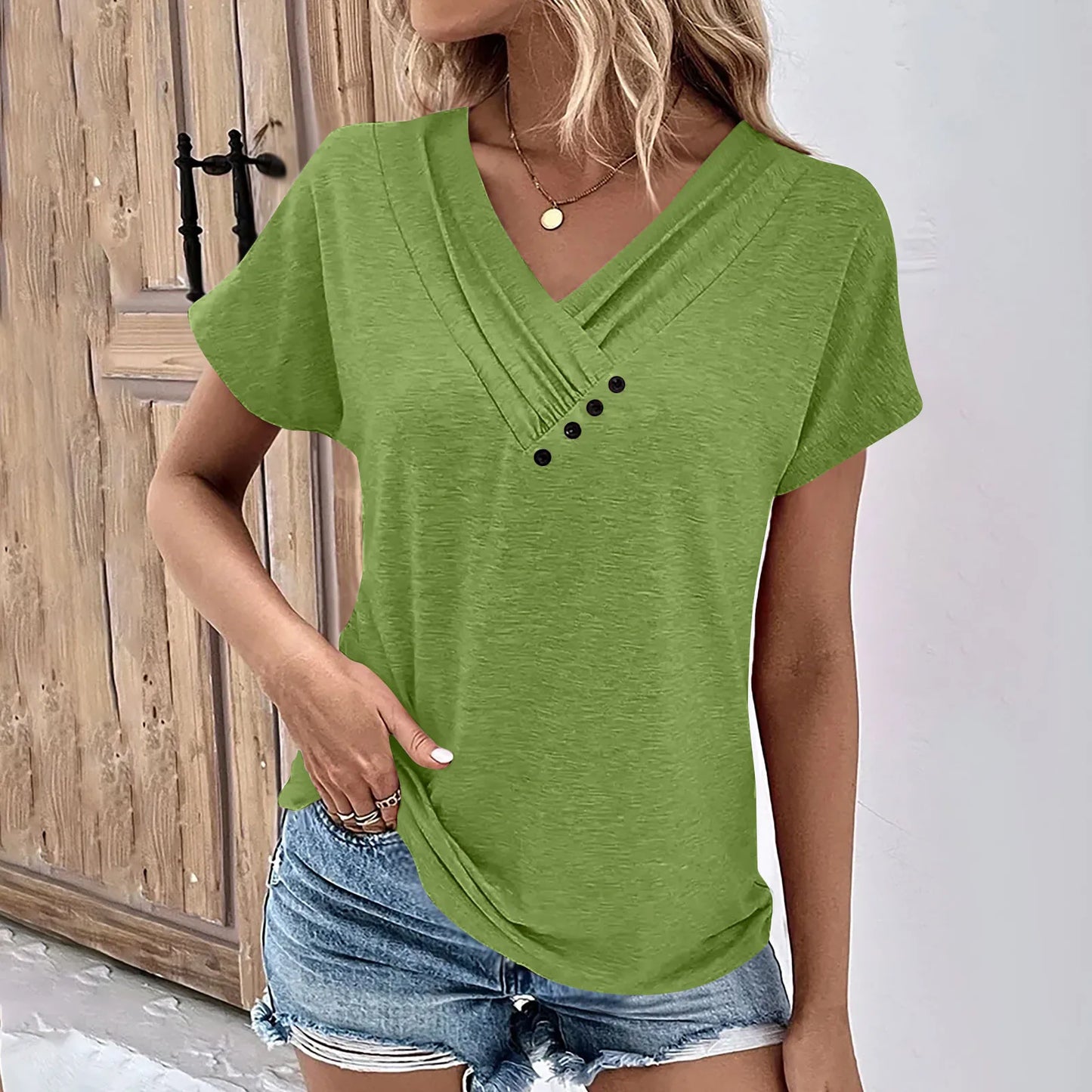Camiseta feminina da moda, cor sólida, gola V, manga curta, básica, moda urbana, verão