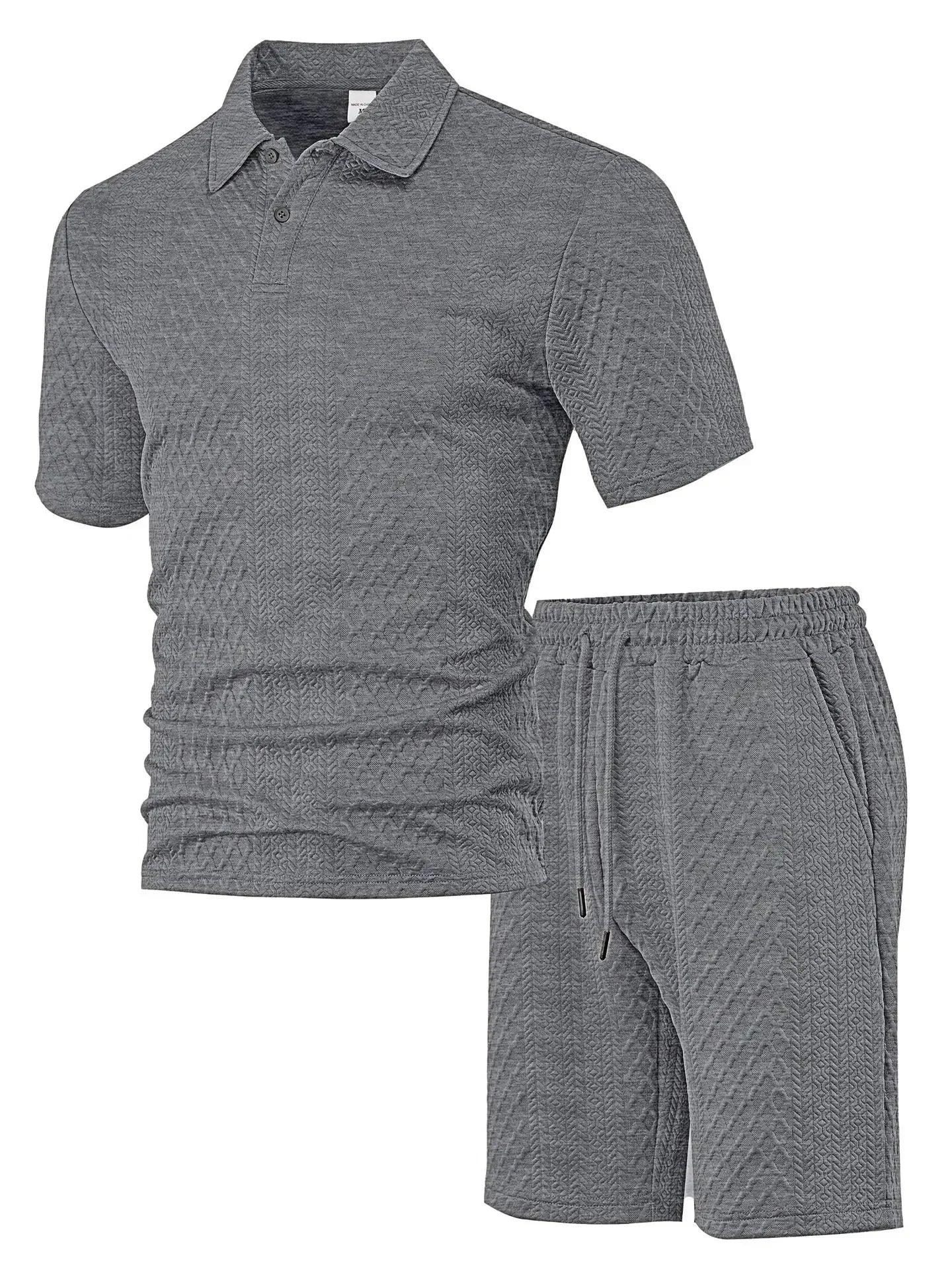 Novo conjunto de 2 peças de camisa polo esportiva fina masculina com estampa geométrica europeia de verão e tecido jacquard, manga curta e shorts