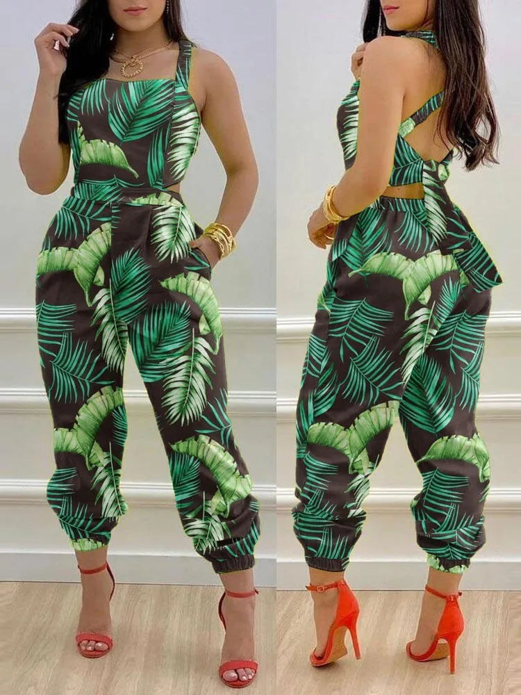 Novo macacão sem mangas estampado da moda de verão, vazado, sem costas, com cadarço, longo, elegante, casual, com bolso