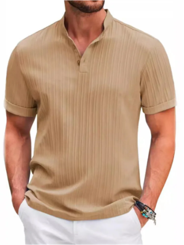 Camisa listrada de algodão e linho jacquard masculina, lapela, casual, confortável, manga curta