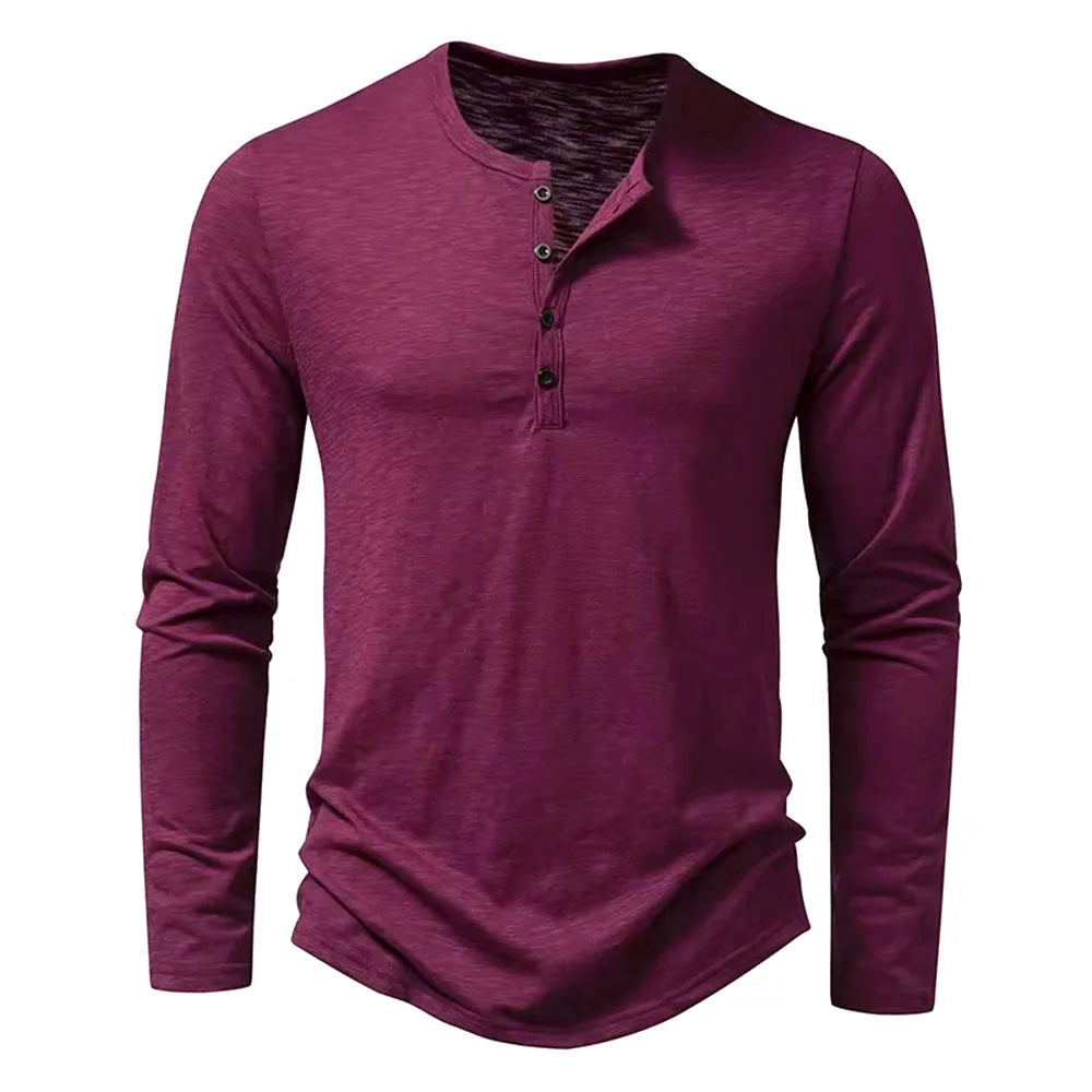 Camiseta masculina de algodão com botões, manga comprida, gola Henley, casual, cor sólida, respirável, versátil, fashion, slim