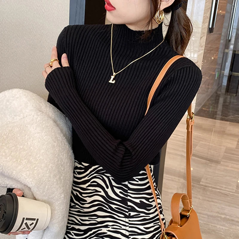 Suéter de malha feminino de inverno com manga comprida e gola falsa, pulôver, suéter de malha fina, blusas femininas da moda 2025