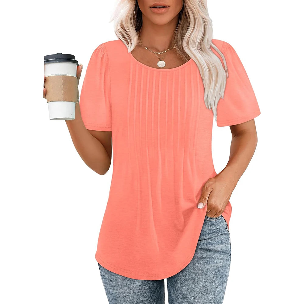 Camisetas femininas de manga curta, plissadas, elegantes, casuais, com decote redondo