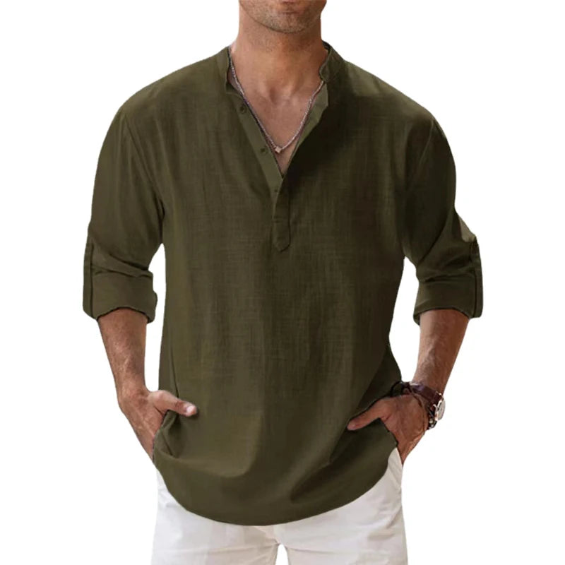 Novas camisas Henley masculina de algodão e linho, camisas casuais, leves, manga comprida
