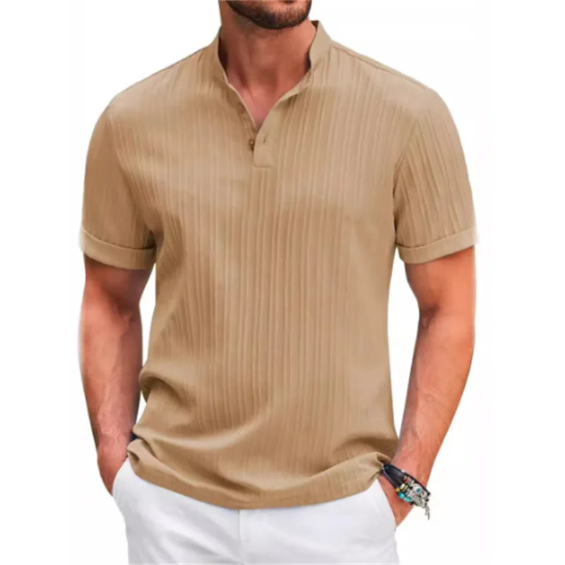 Camisa listrada de algodão e linho jacquard masculina, lapela, casual, confortável, manga curta