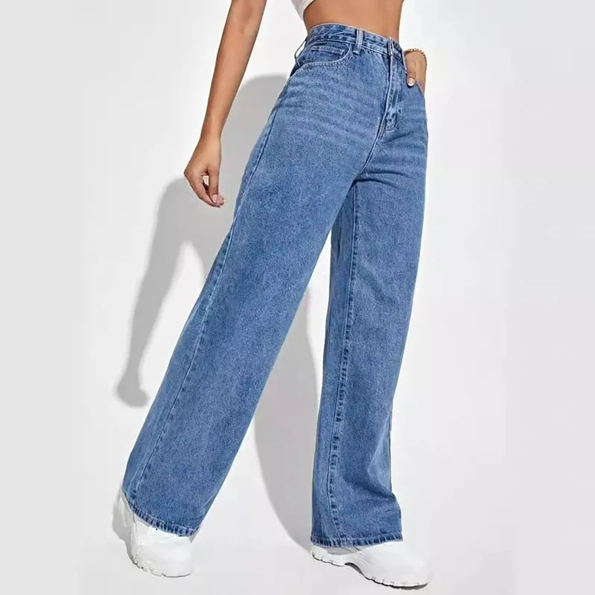 Calça jeans azul retrô da moda feminina, modelo Y2K, calça reta larga de cintura alta