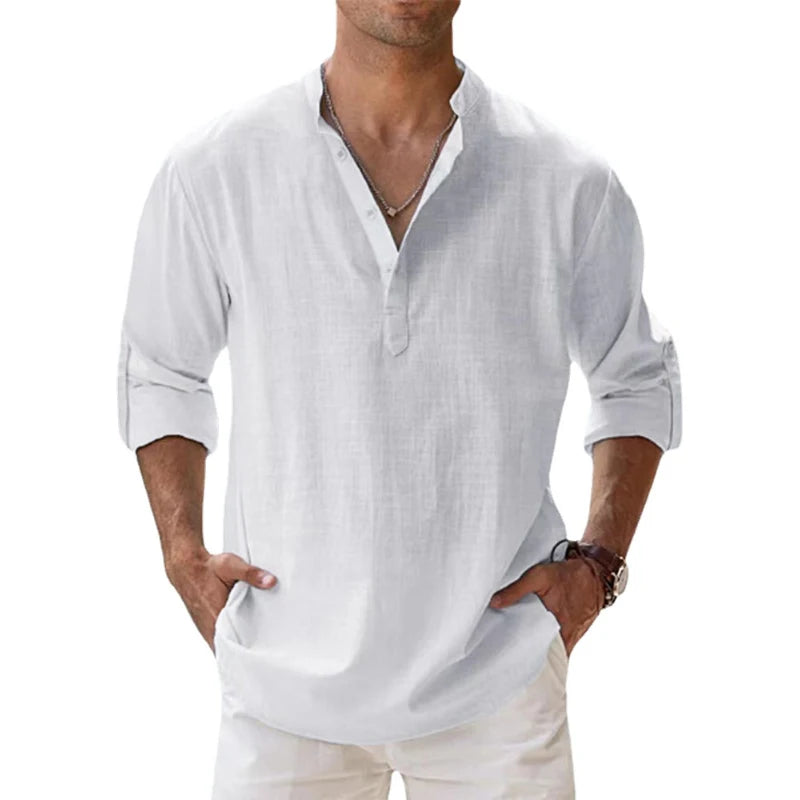 Novas camisas Henley masculina de algodão e linho, camisas casuais, leves, manga comprida
