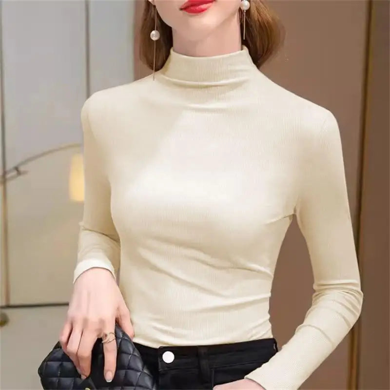 Camiseta feminina elástica com gola alta e manga comprida, camiseta básica justa, roupa casual de outono