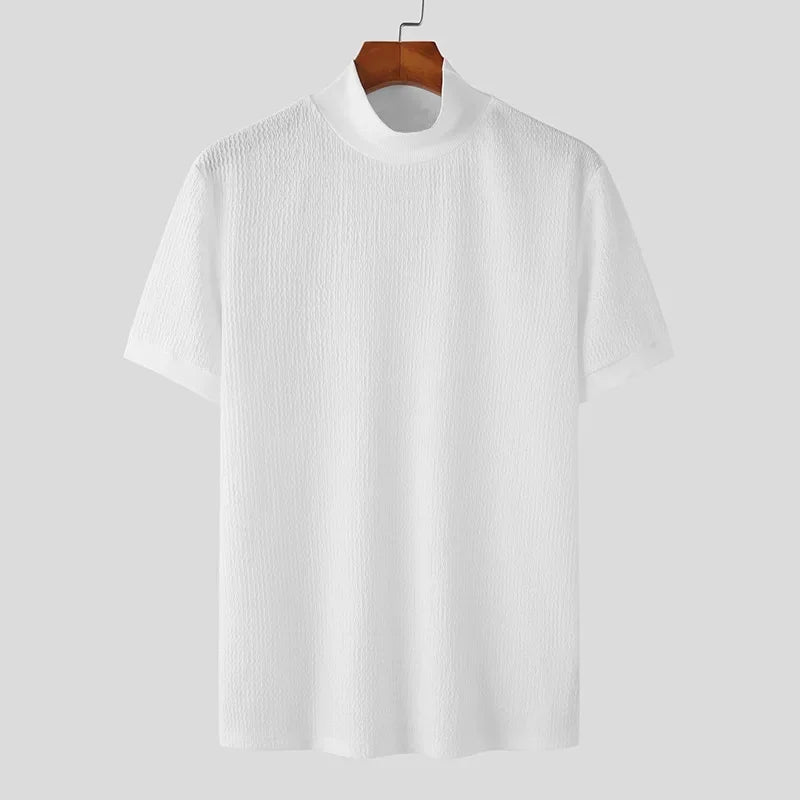 Camiseta masculina de malha, casual texturizada, meia gola alta, lisa, manga curta