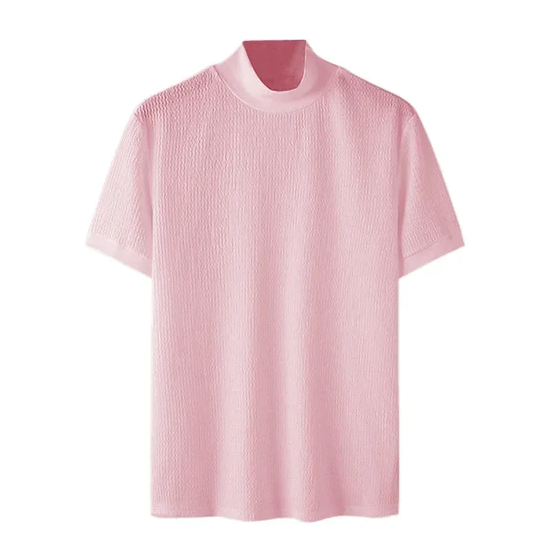 Camiseta masculina de malha, casual texturizada, meia gola alta, lisa, manga curta