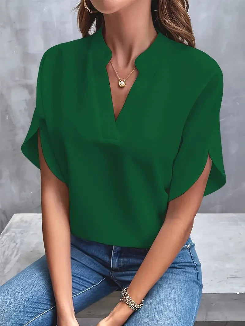 Blusa feminina elegante de chiffon liso primavera verão casual manga comprida gola V camisa solta túnica feminina