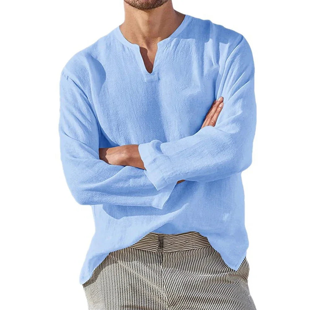 Camisa masculina de algodão e linho, cor sólida, aconchegante, manga comprida, respirável, casual de verão com decote em V