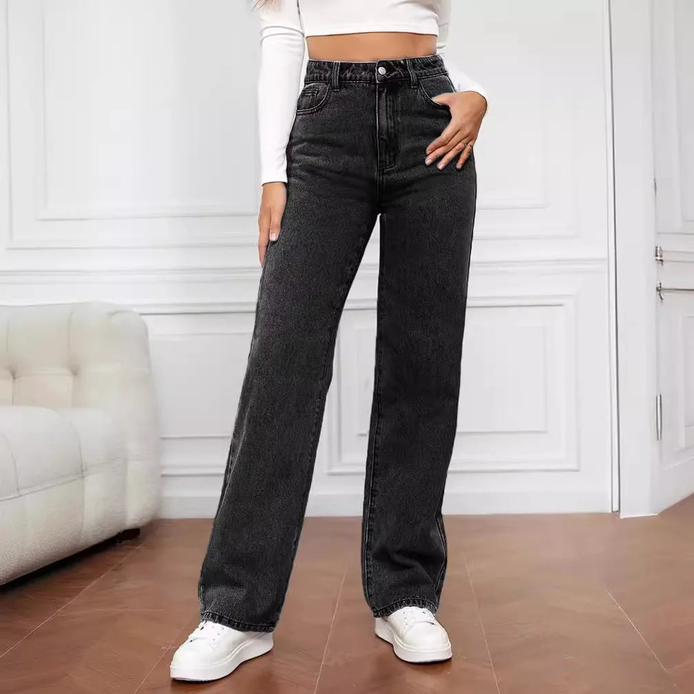 Calça jeans azul retrô da moda feminina, modelo Y2K, calça reta larga de cintura alta