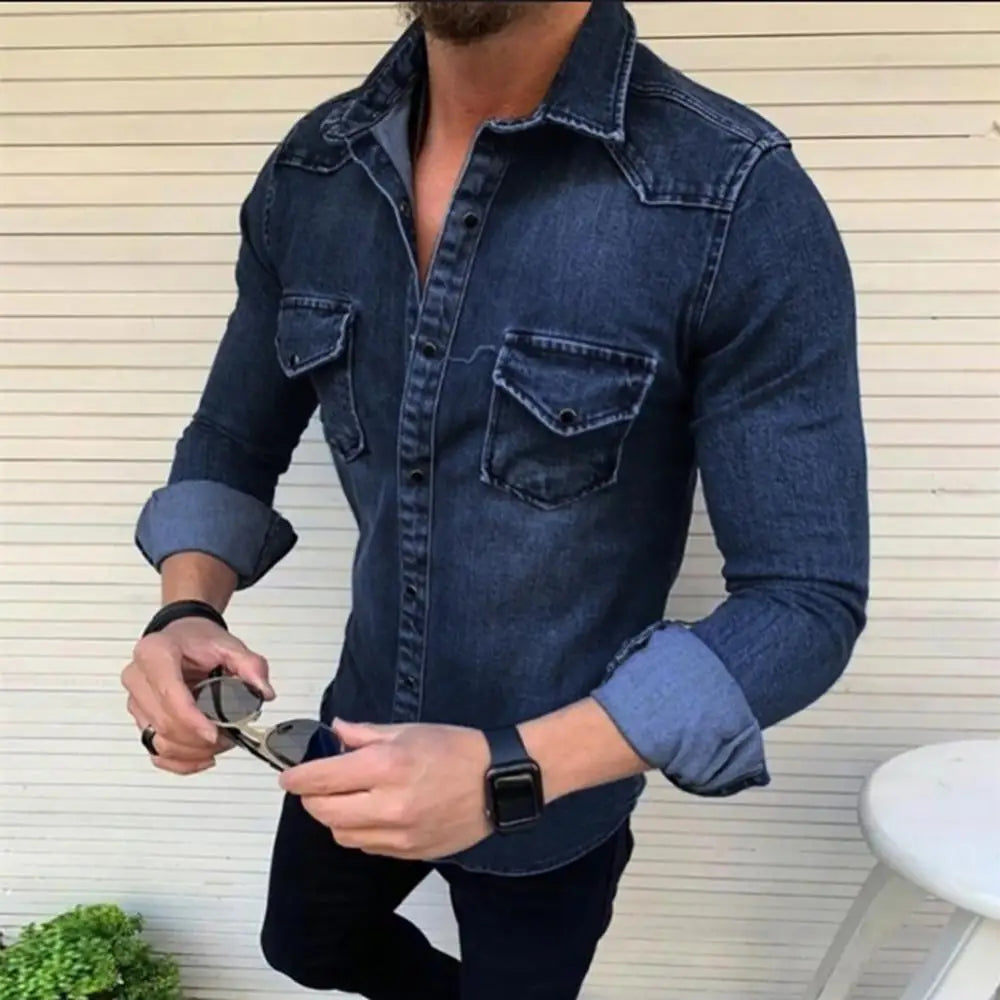 Camisas jeans masculinas de manga comprida, camisas casuais de abotoamento simples
