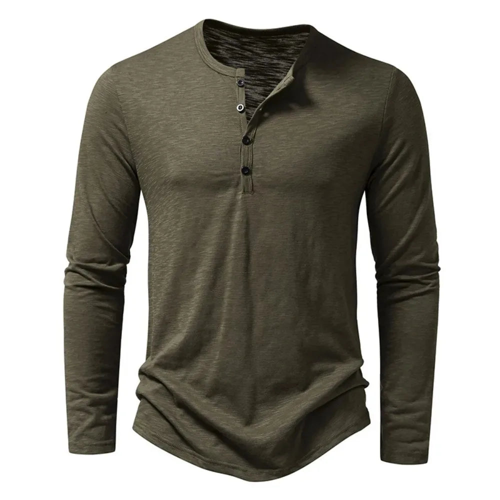 Camiseta masculina de algodão com botões, manga comprida, gola Henley, casual, cor sólida, respirável, versátil, fashion, slim
